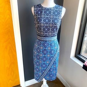 Maggy London Blue Asymmetric Geometric Print Dress